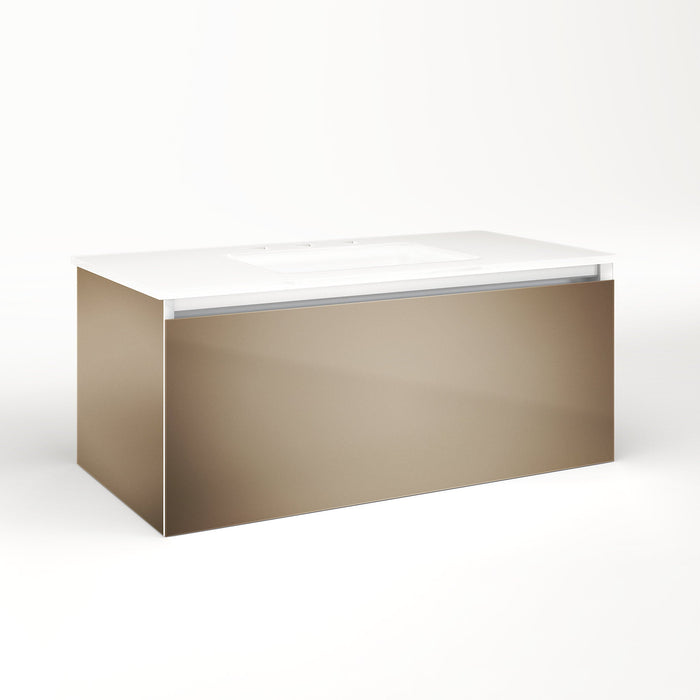 Cartesian 36-1/8" x 15" x 18-3/4" single drawer vanity in satin bronze with slow-close plumbing drawer and night light in 5000K temperature (cool light)