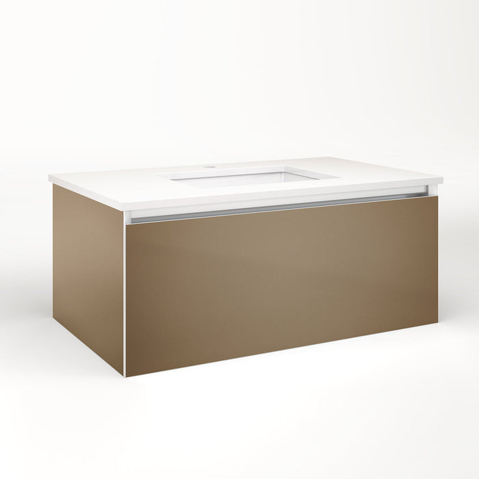 Cartesian 36-1/8" x 15" x 21-3/4" single drawer vanity in satin bronze with slow-close full drawer and night light in 5000K temperature (cool light)