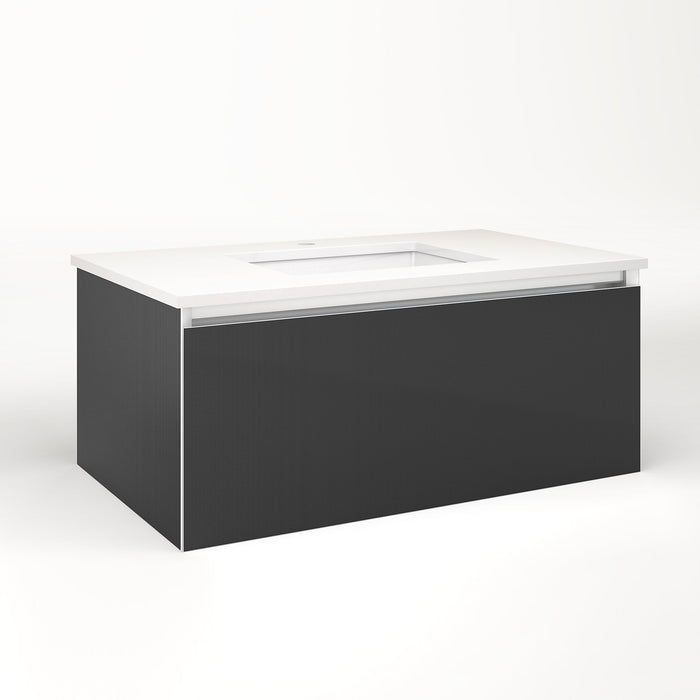 Cartesian 36-1/8" x 15" x 21-3/4" slim drawer vanity in smoke screen with slow-close full drawer and selectable night light in 2700K/4000K temperature (warm/cool light)