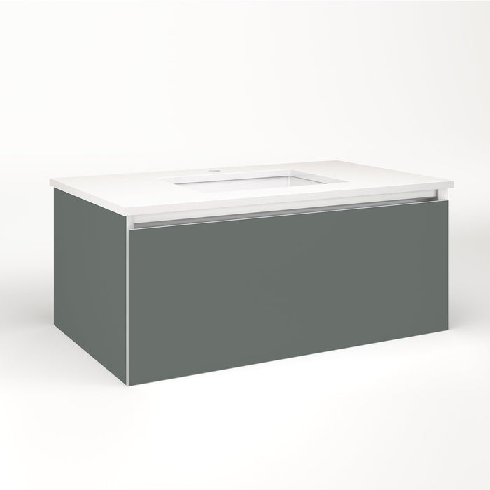 Cartesian 36-1/8" x 15" x 21-3/4" single drawer vanity in matte gray with slow-close plumbing drawer and night light in 5000K temperature (cool light)