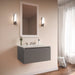 Curated Cartesian 24" x 15" x 21" single drawer vanity in matte gray glass with slow-close plumbing drawer and Engineered Stone 25" vanity top in quartz white (Silestone white storm)