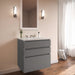 Curated Cartesian 24" x 7-1/2" x 21" and 24" x 15" x 21" three drawer vanity in matte gray glass with tip out drawer, slow-close plumbing drawer, full drawer and Engineered Stone 25" vanity top in quartz white (Silestone white storm)