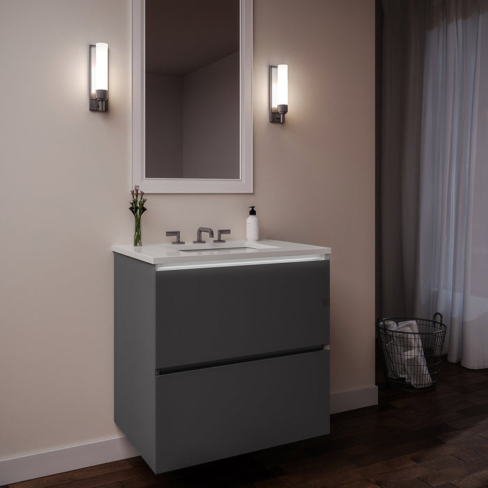 Curated Cartesian 30" x 15" x 21" two drawer vanity in matte gray glass with slow-close plumbing drawer, full drawer, night light and Engineered Stone 31" vanity top in quartz white (Silestone white storm)