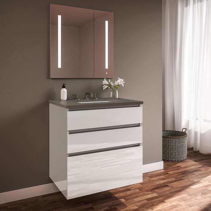 Curated Cartesian 36" x 7-1/2" x 21" and 36" x 15" x 21" three drawer vanity in white glass with tip out drawer, slow-close plumbing drawer, full drawer and Engineered Stone 37" vanity top in stone gray (Silestone expo grey)