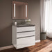 Curated Cartesian 36" x 7-1/2" x 21" and 36" x 15" x 21" three drawer vanity in white glass with tip out drawer, slow-close plumbing drawer, full drawer and Engineered Stone 37" vanity top in stone gray (Silestone expo grey)