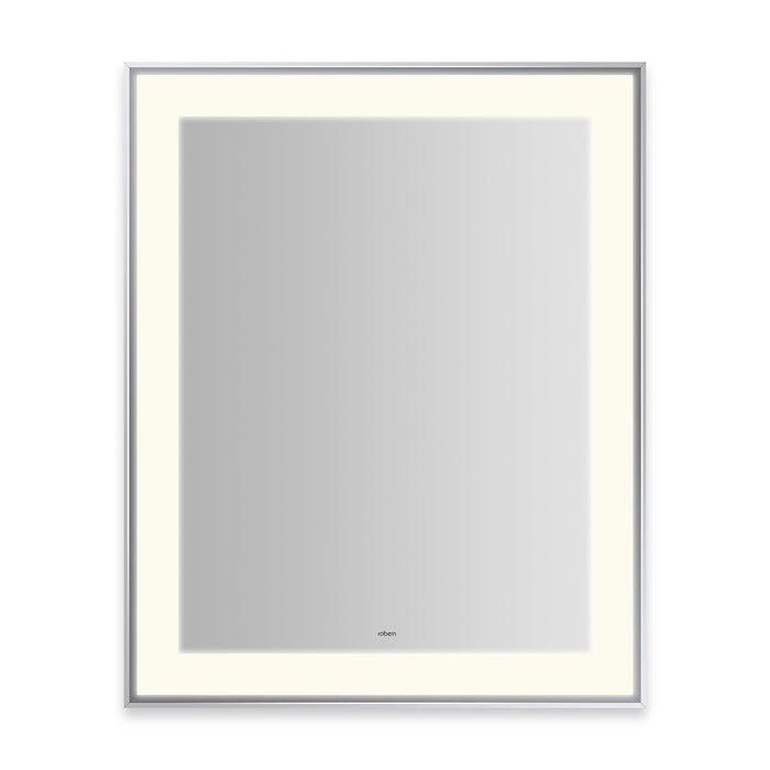 Sculpt 25-1/4” x 31-1/4” x 2-1/4" lighted mirror with slim museum frame in chrome, perimeter light pattern in 2700K color temperature (warm white), dimmable and defogger, tested and certified to California Title 24 standards and meets JA8 2016 requirements