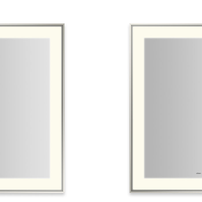 Sculpt 25-1/4” x 31-1/4” x 2-1/4" lighted mirror with slim museum frame in polished nickel, perimeter light pattern in 2700K color temperature (warm white), dimmable and defogger, tested and certified to California Title 24 standards and meets JA8 2016 requirements