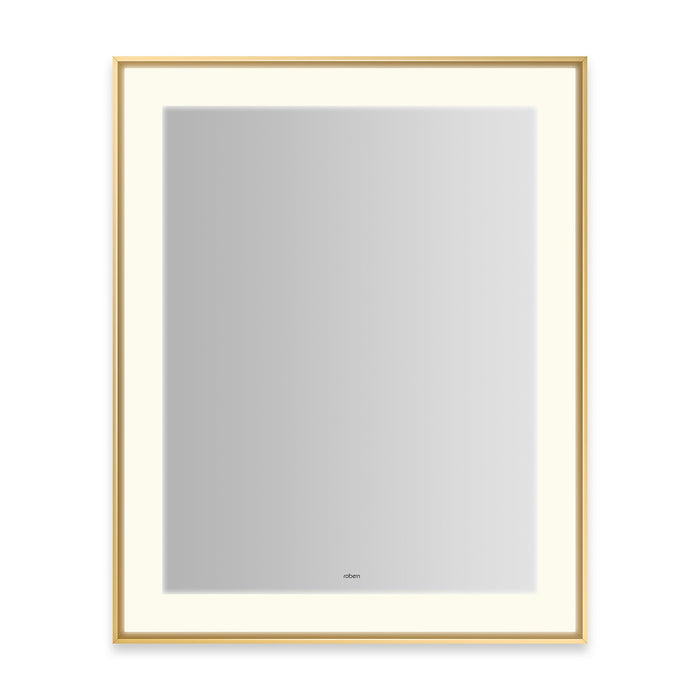Sculpt 25-1/4” x 31-1/4” x 2-1/4" lighted mirror with slim museum frame in matte gold, perimeter light pattern in 2700K color temperature (warm white), dimmable and defogger, tested and certified to California Title 24 standards and meets JA8 2016 requirements