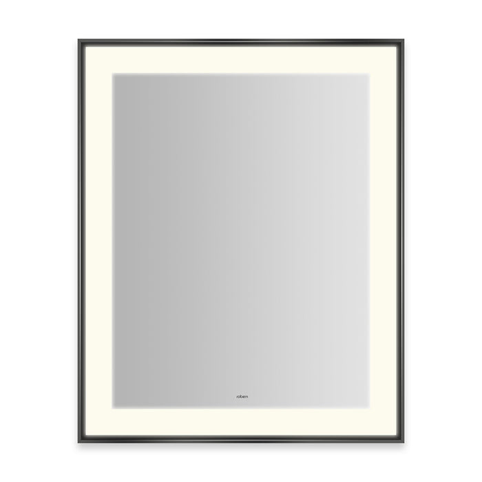 Sculpt 25-1/4” x 31-1/4” x 2-1/4" lighted mirror with slim museum frame in matte black, perimeter light pattern in 2700K color temperature (warm white), dimmable and defogger, tested and certified to California Title 24 standards and meets JA8 2016 requirements