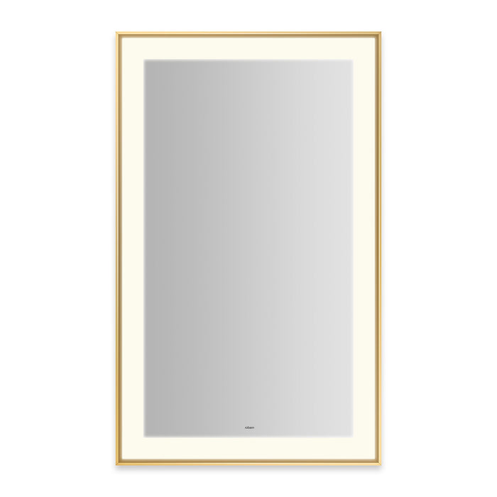 Sculpt 25-1/4” x 41-1/4” x 2-1/4" lighted mirror with slim museum frame in matte gold, perimeter light pattern in 2700K color temperature (warm white), dimmable and defogger, tested and certified to California Title 24 standards and meets JA8 2016 requirements