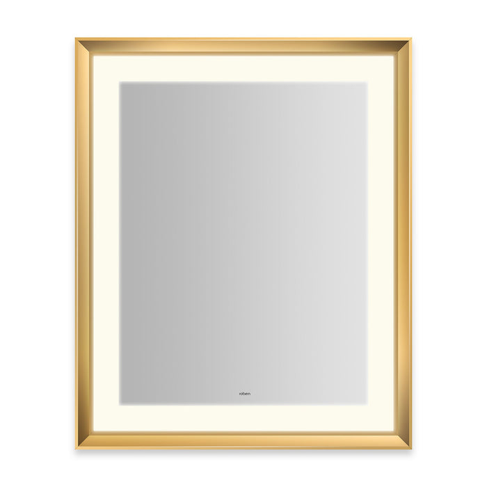 Sculpt 27” x 33” x 2-5/16” lighted mirror with chamfer museum frame in matte gold, perimeter light pattern in 2700K color temperature (warm white), dimmable and defogger, tested and certified to California Title 24 standards and meets JA8 2016 requirements