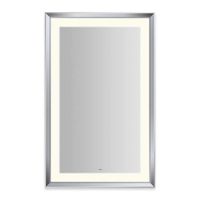 Sculpt 27” x 43” x 2-5/16” lighted mirror with chamfer museum frame in chrome, perimeter light pattern in 2700K color temperature (warm white), dimmable and defogger, tested and certified to California Title 24 standards and meets JA8 2016 requirements
