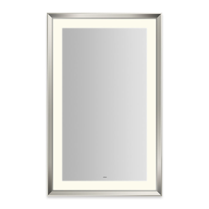 Sculpt 27” x 43” x 2-5/16” lighted mirror with chamfer museum frame in polished nickel, perimeter light pattern in 2700K color temperature (warm white), dimmable and defogger, tested and certified to California Title 24 standards and meets JA8 2016 requirements