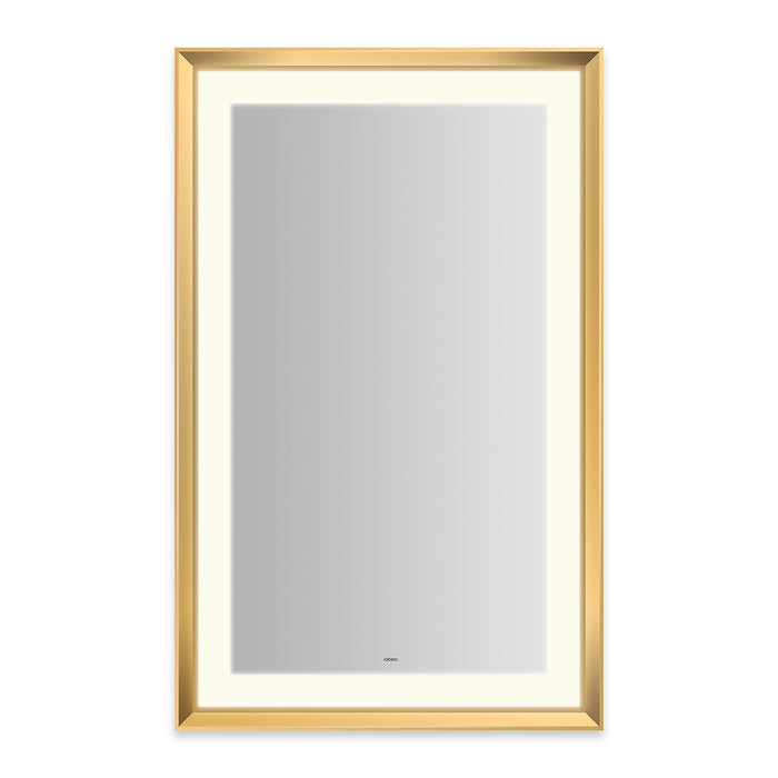 Sculpt 27” x 43” x 2-5/16” lighted mirror with chamfer museum frame in matte gold, perimeter light pattern in 2700K color temperature (warm white), dimmable and defogger, tested and certified to California Title 24 standards and meets JA8 2016 requirements