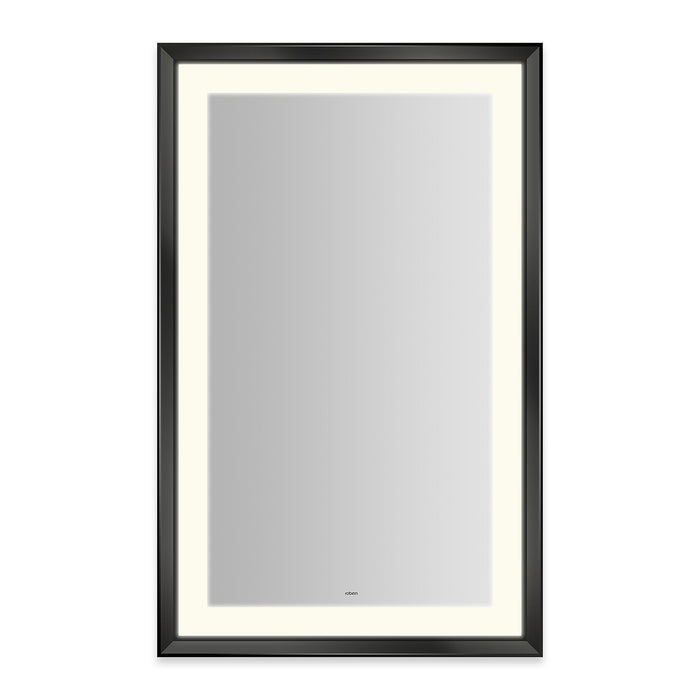 Sculpt 27” x 43” x 2-5/16” lighted mirror with chamfer museum frame in matte black, perimeter light pattern in 2700K color temperature (warm white), dimmable and defogger, tested and certified to California Title 24 standards and meets JA8 2016 requirements