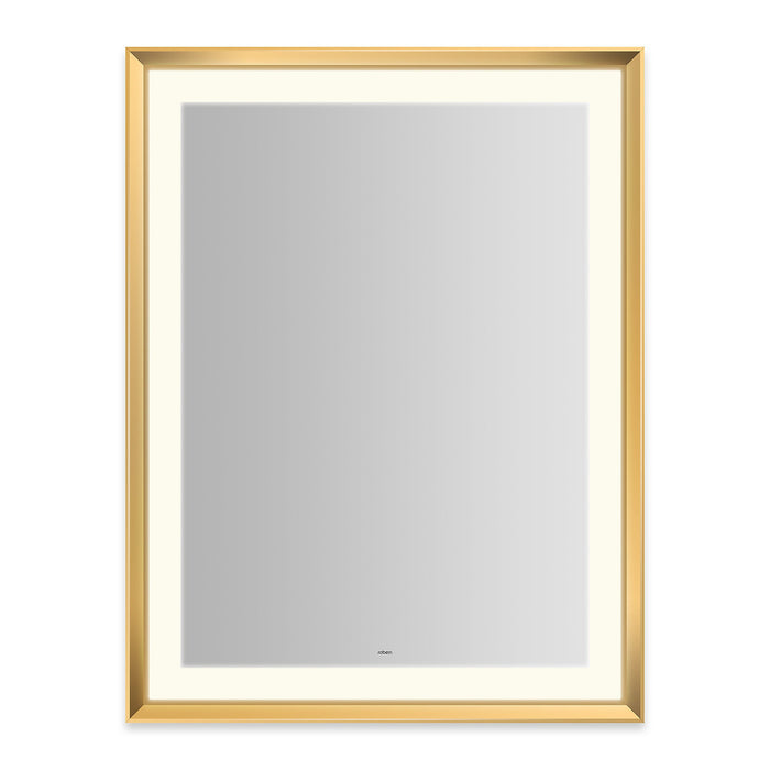 Sculpt 33” x 43” x 2-5/16” lighted mirror with chamfer museum frame in matte gold, perimeter light pattern in 2700K color temperature (warm white), dimmable and defogger, tested and certified to California Title 24 standards and meets JA8 2016 requirements