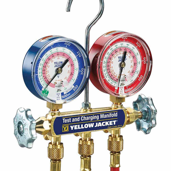YELLOW JACKET 42004 41 Series 2-Valve Test and Charging Manifold, Brass/Plastic/Stainless Steel