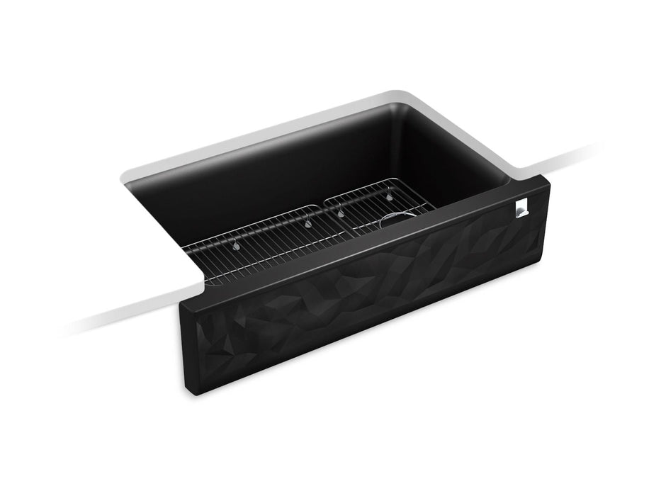 KOHLER K-29825 Cairn 34" undermount single-bowl farmhouse kitchen sink with faceted design