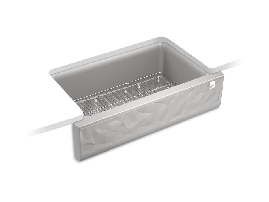 KOHLER K-29825 Cairn 34" undermount single-bowl farmhouse kitchen sink with faceted design