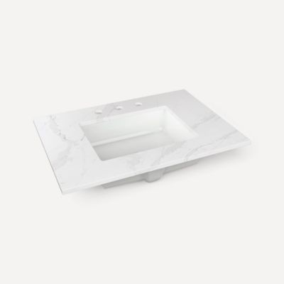 Quartz Stone Vanity Top, 30" x 1-1/8" x 23", Center Undercounter Sink, Three Hole, For Sendai, Bergman, Mackey and Chest
