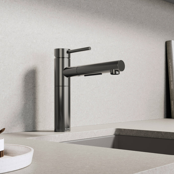 Satin Dark Steel - BLANCO Alta II Low Arc Pull-Out Dual-Spray Kitchen Faucet