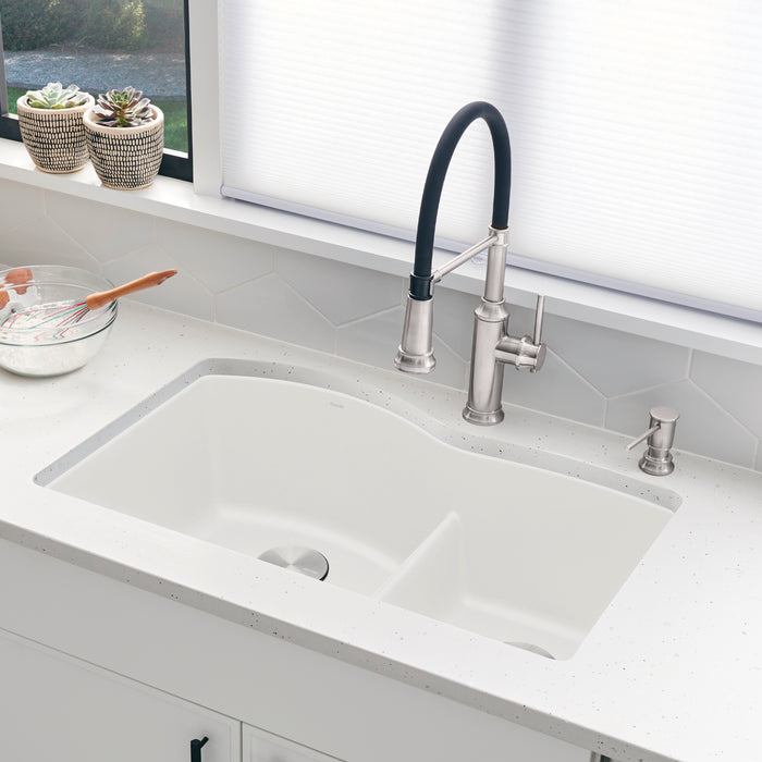 White - BLANCO Diamond SILGRANIT 32" 60/40 Double Bowl Undermount Kitchen Sink with Low Divide