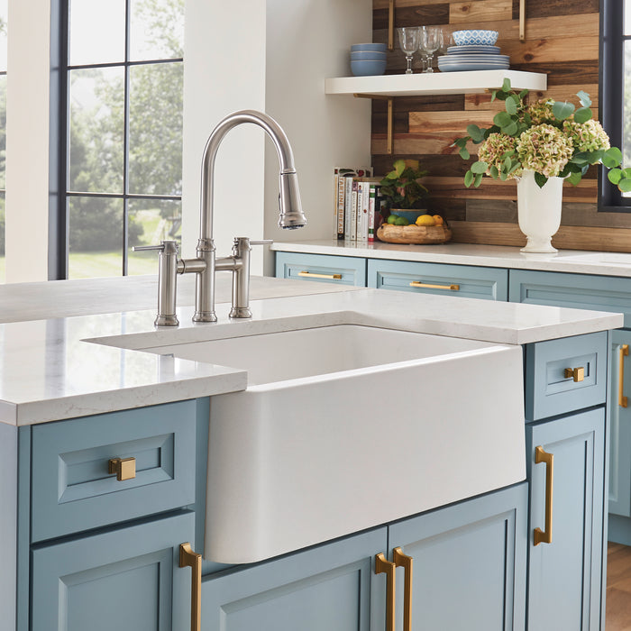 White - BLANCO Ikon SILGRANIT 33" Double Bowl Apron-Front Farmhouse Sink with Low Divide