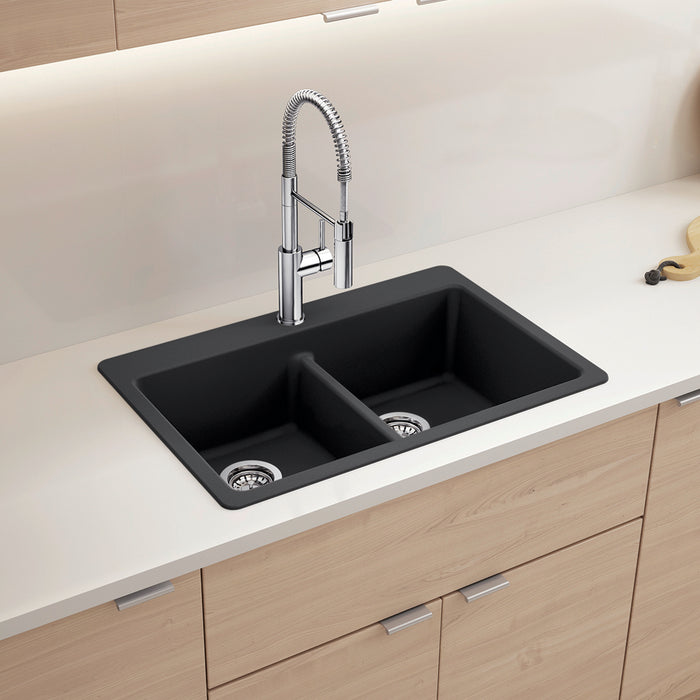 Coal Black - BLANCO Liven SILGRANIT 33" 50/50 Double Bowl Dual Mount Kitchen Sink with Low Divide