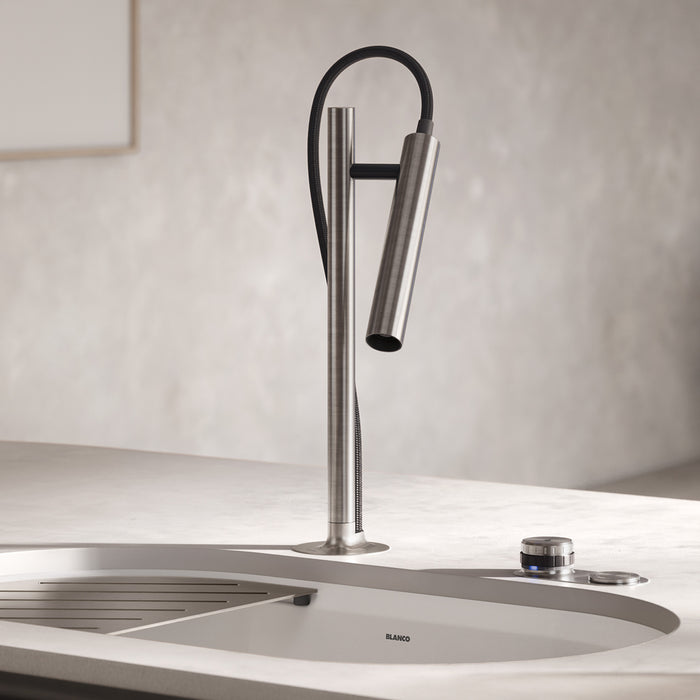 Stainless Steel - BLANCO Luneoo Pull-Down Dual-Spray Kitchen Faucet with Push Button Activation - Brushed Stainless Steel