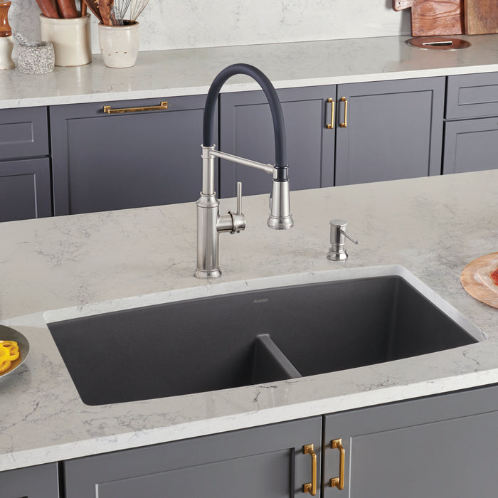 Cinder - BLANCO Performa SILGRANIT 33" 60/40 Double Bowl Undermount Kitchen Sink with Low Divide