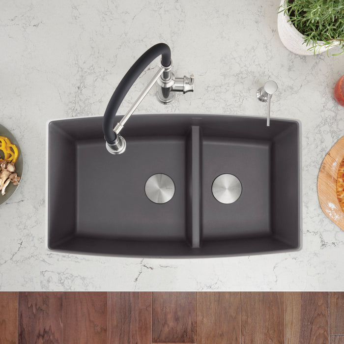 Cinder - BLANCO Performa SILGRANIT 33" 60/40 Double Bowl Undermount Kitchen Sink with Low Divide