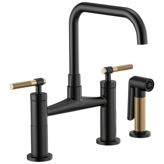 Brizo Litze 62553LF Bridge Faucet with Square Spout and Knurled Handle, matte black luxe gold