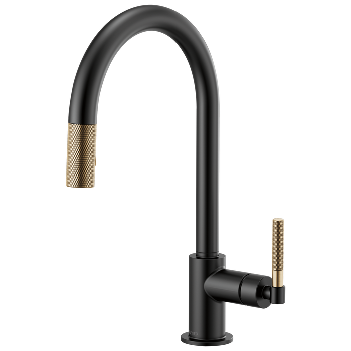 Brizo Litze 63043LF Pull-Down Faucet with Arc Spout and Knurled Handle, matte black luxe gold