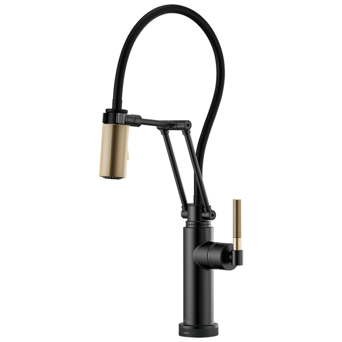 Brizo Litze 64243LF SmartTouch Articulating Kitchen Faucet with Knurled Handle, matte black luxe gold