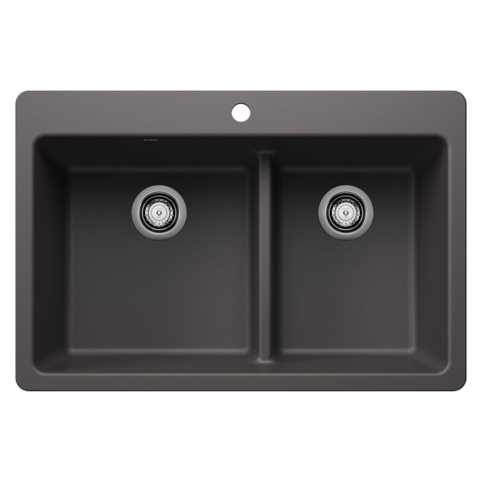 BLANCO Liven SILGRANIT 33" 60/40 Double Bowl Dual Mount Kitchen Sink with Low Divide - Cinder