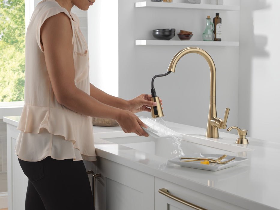 Delta Boyd 19893Z Single Handle Pull-Down Kitchen Faucet with Soap Dispenser and ShieldSpray Technology, champagne bronze...