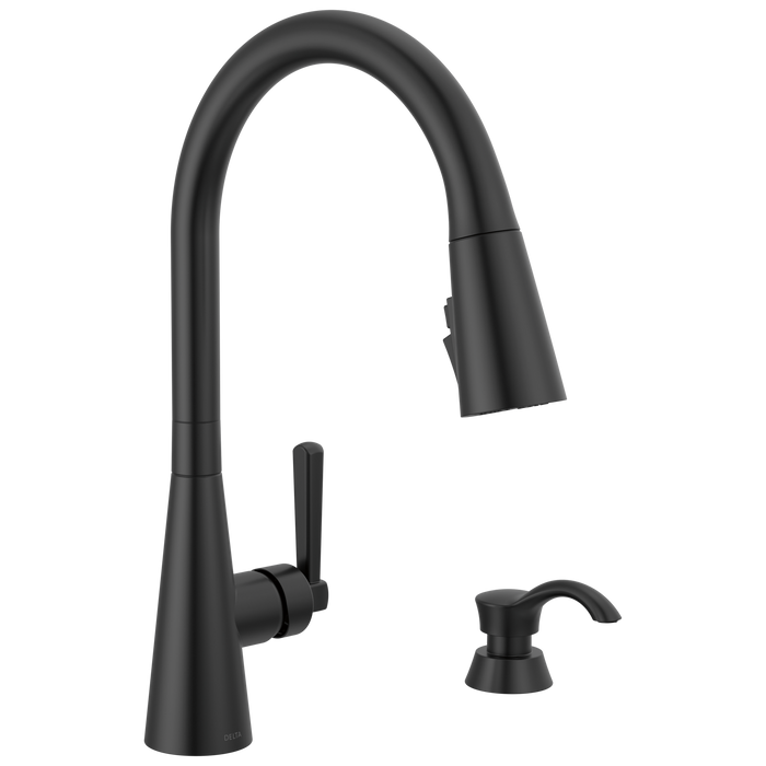 Delta Boyd 19893Z Single Handle Pull-Down Kitchen Faucet with Soap Dispenser and ShieldSpray Technology, matte black