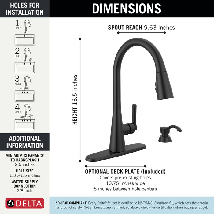 Delta Boyd 19893Z Single Handle Pull-Down Kitchen Faucet with Soap Dispenser and ShieldSpray Technology, matte black - view 2