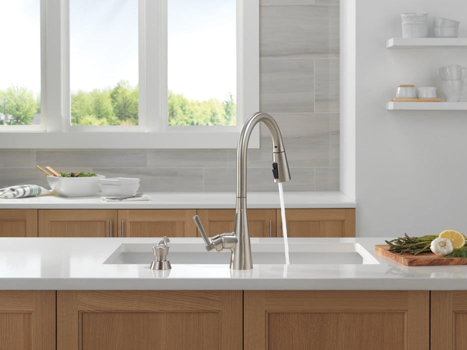 Delta Boyd 19893Z Single Handle Pull-Down Kitchen Faucet with Soap Dispenser and ShieldSpray Technology, spotshield...
