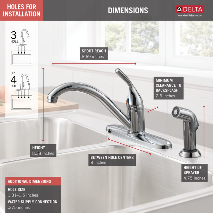 Delta 134 / 100 / 300 / 400 Series 400 Single Handle Kitchen Faucet with Spray, chrome - view 5