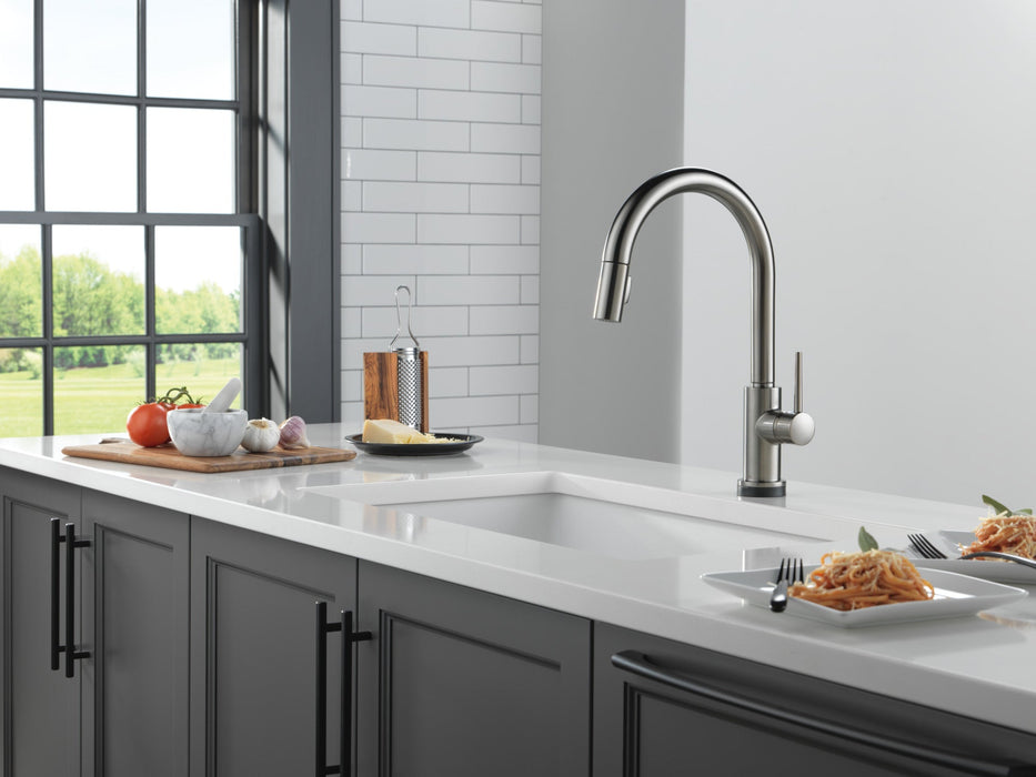 Delta Trinsic 9159TLV VoiceIQ Kitchen Faucet with TouchTouch 2O Technology with Touchless Technology, black stainless -...