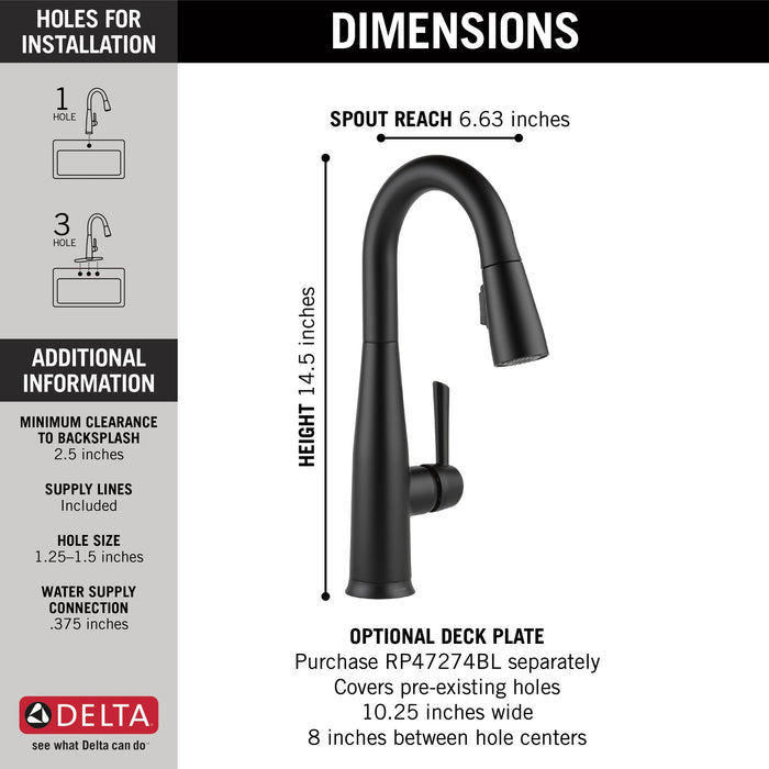 Delta Essa 9913T Single Handle Pull-Down Bar / Prep Faucet with TouchTouch 2O Technology, matte black - view 2
