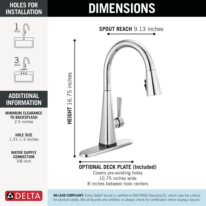 Delta Lenta 19802TZ Single-Handle Pull-Down Kitchen Faucet with TouchTouch 2O Technology, chrome - view 2