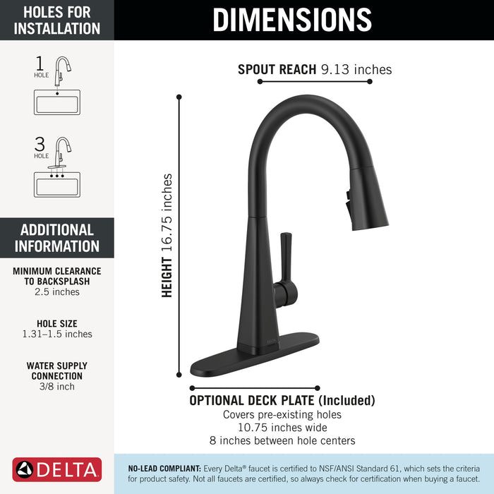 Delta Lenta 19802TZ Single-Handle Pull-Down Kitchen Faucet with TouchTouch 2O Technology, matte black - view 2