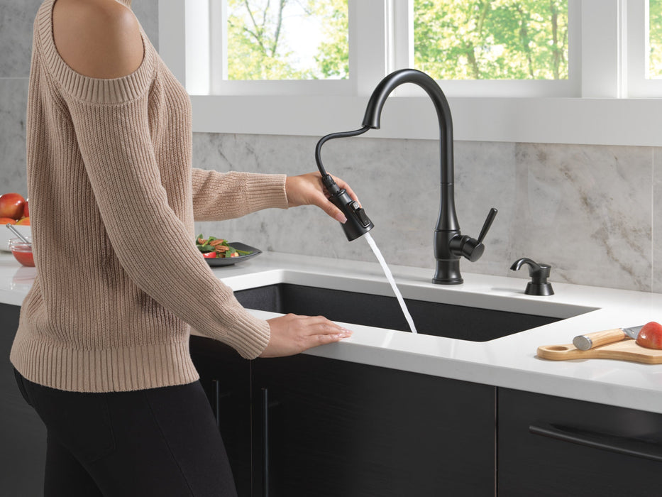 Delta Hazelwood 19831Z Single Handle Pull-Down Kitchen Faucet with Soap Dispenser and ShieldSpray Technology, matte black...