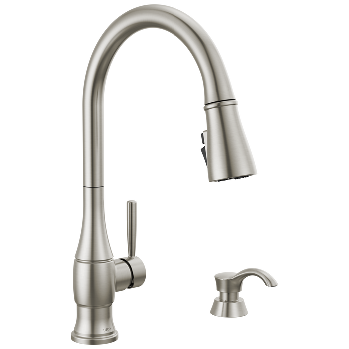 Delta Hazelwood 19831Z Single Handle Pull-Down Kitchen Faucet with Soap Dispenser and ShieldSpray Technology, spotshield...