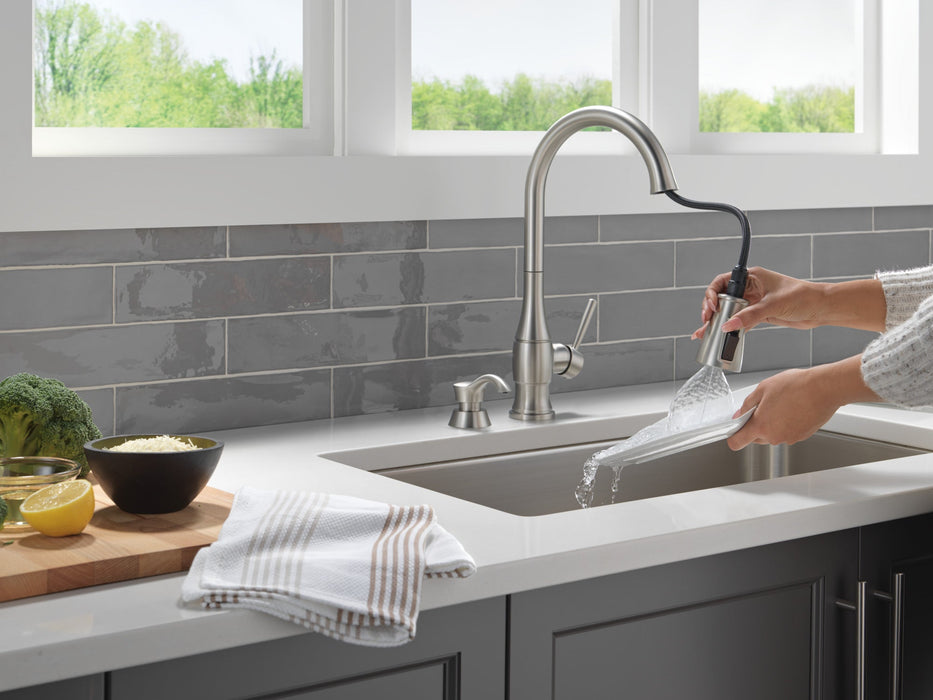 Delta Hazelwood 19831Z Single Handle Pull-Down Kitchen Faucet with Soap Dispenser and ShieldSpray Technology, spotshield...