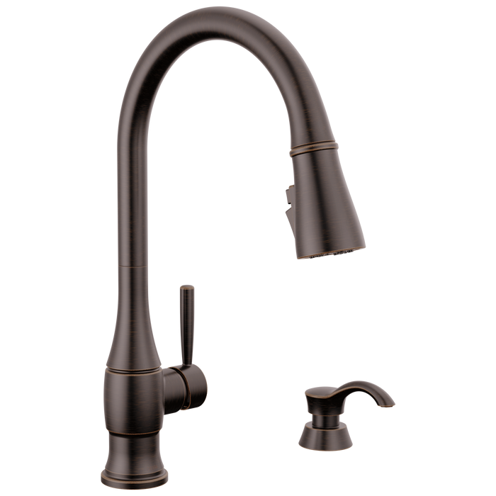 Delta Hazelwood 19831Z Single Handle Pull-Down Kitchen Faucet with Soap Dispenser and ShieldSpray Technology, venetian bronze