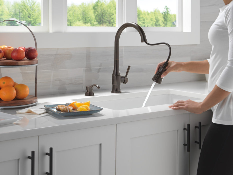 Delta Hazelwood 19831Z Single Handle Pull-Down Kitchen Faucet with Soap Dispenser and ShieldSpray Technology, venetian...