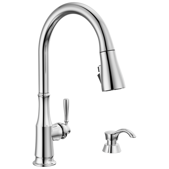 Delta Capertee 19877Z Single Handle Pull-Down Kitchen Faucet with Soap Dispenser and ShieldSpray Technology, chrome